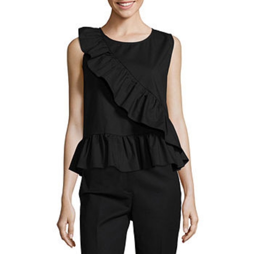 WORTHINGTON Petite Black Ruffle Sleeveless Peplum Top Medium NWT